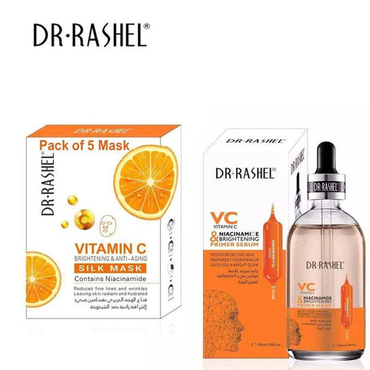   Dr.Rashel Vitamin C Niacinamide & Brightening Primer Serum - Dr.Rashel Vitamin C Brightening & Anti-Aging Silk Mask - Pack of 5 Masks